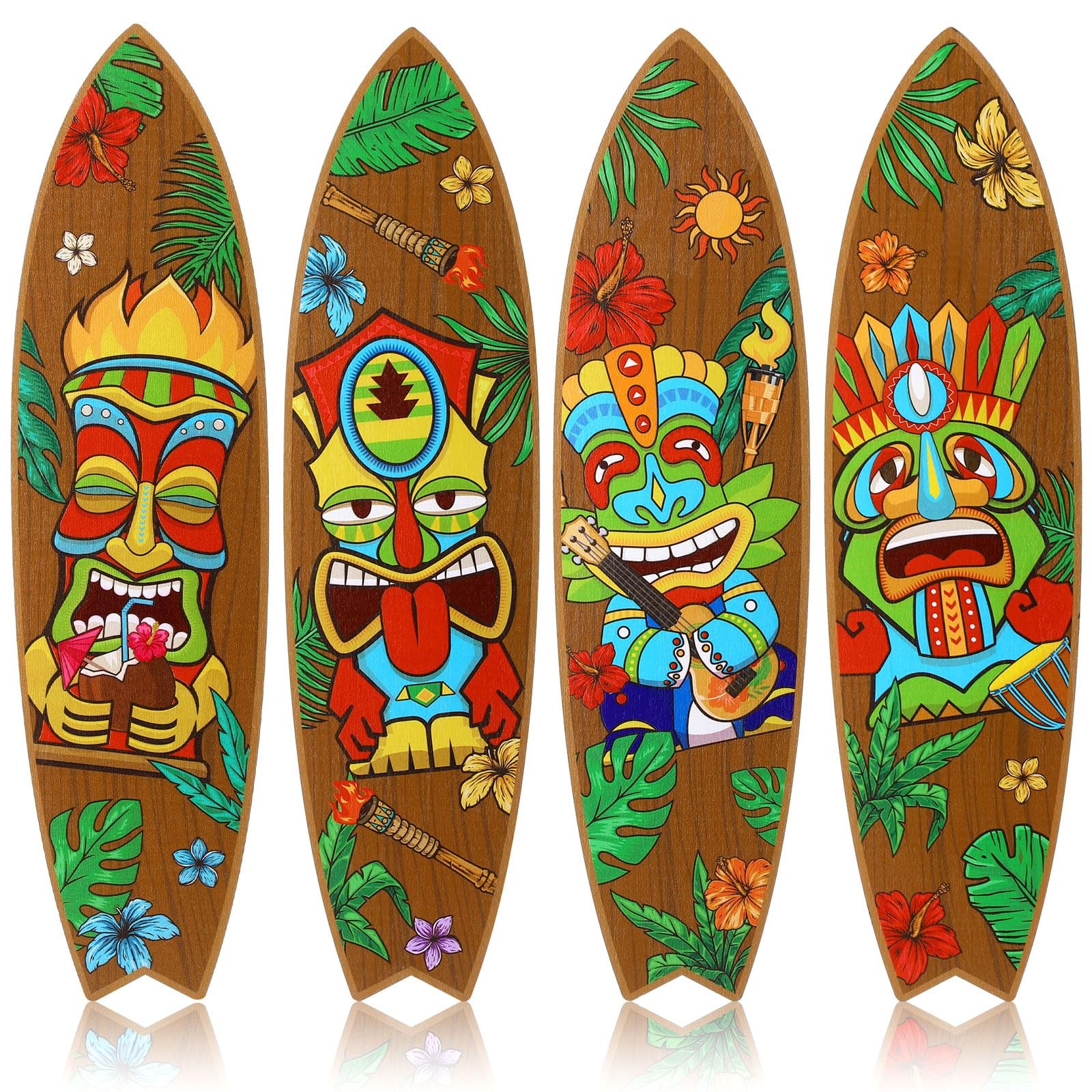 4 Pcs Tiki Surfboard Wall Decor Surfboard Wall Hanging Sign Wooden Beach Deco…