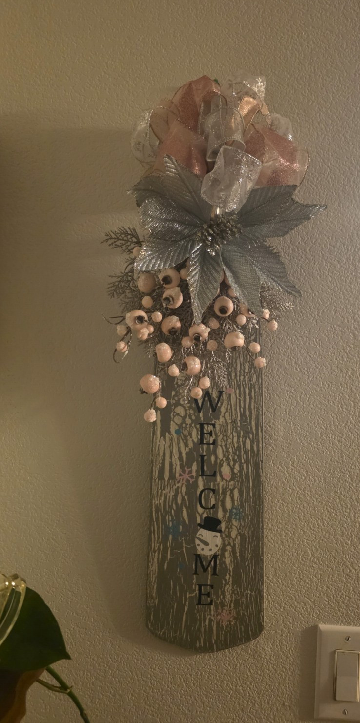 Handmade Winter Welcome Wreath Door Hanger Pink Silver Christmas Swag Sign