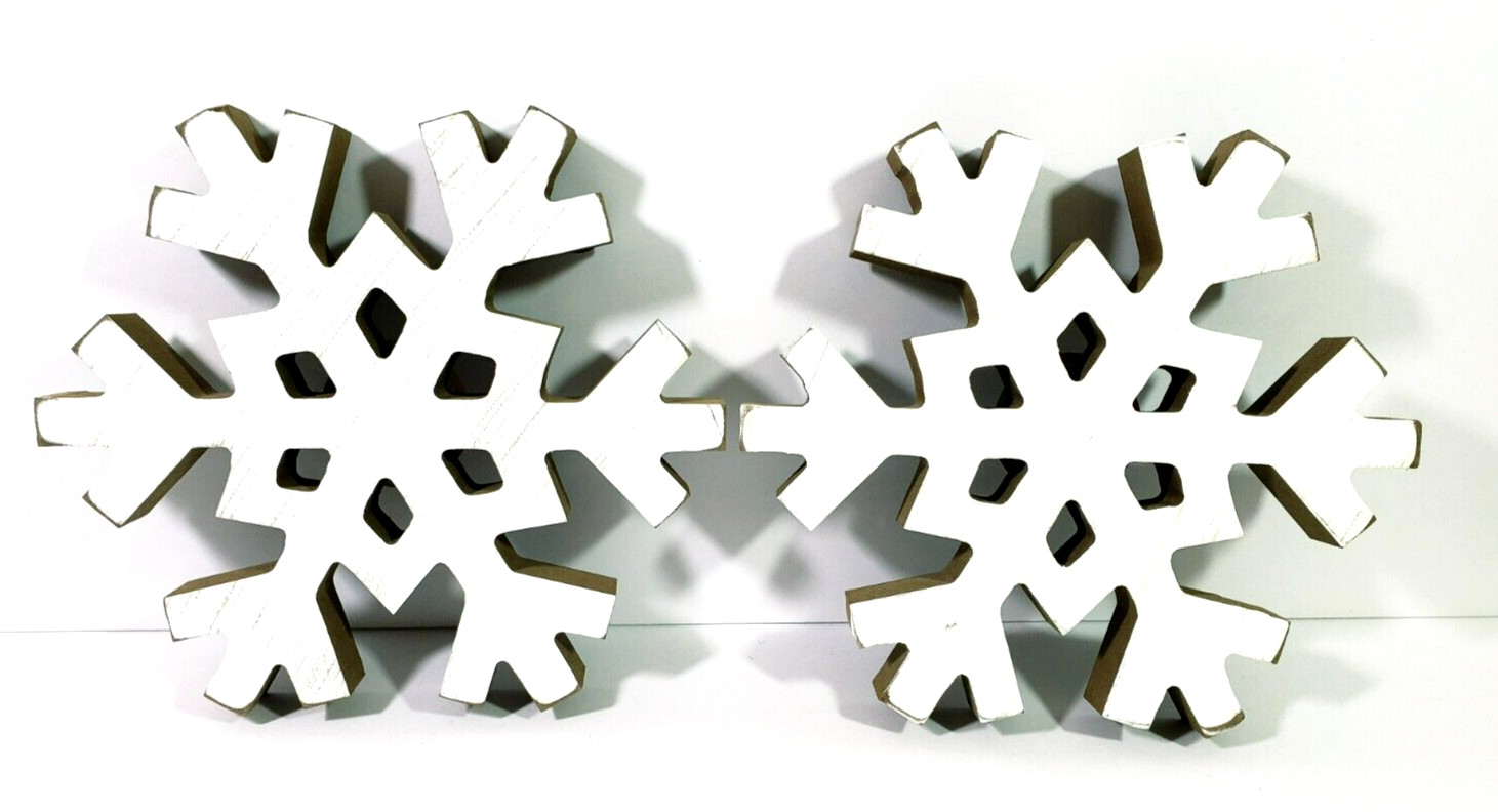 Snowflake White Shabby Wood Cutout Free Standing Lg 8 in Set of 2 Christmas NWT