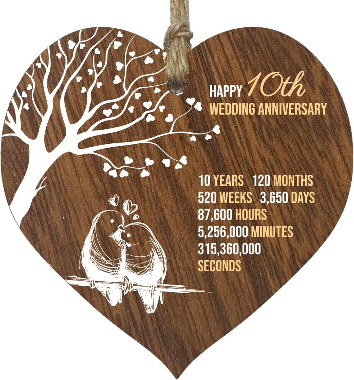 10th Wedding Anniversary Wooden Heart Plaque, Dark Wood Sign Keepsake, Celebr…
