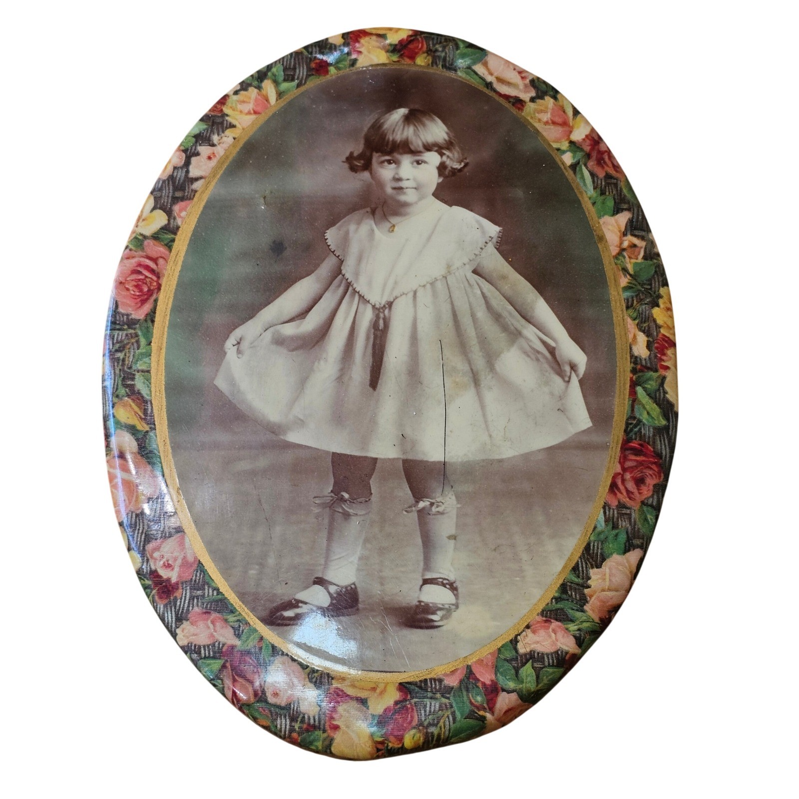 Antique Tin Celluloid Oval Photo Portrait Little Girl Wall Decor Art Vintage