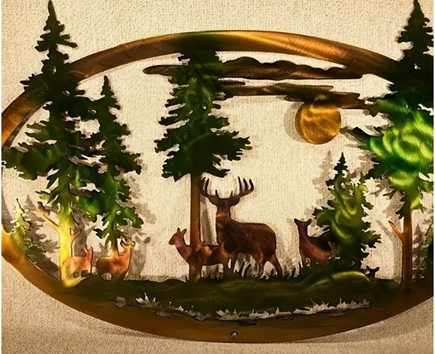 METAL WALL ART-Rustic Metal Forest Deer Wall Art – Detailed Woodland Scene, 12×8