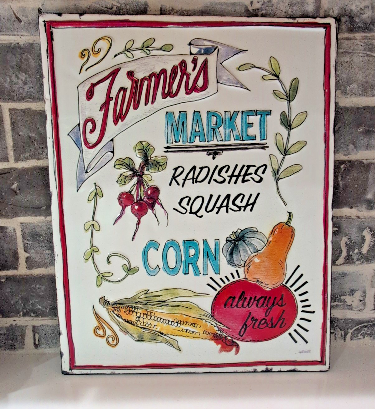Farmers Market Embossed Metal Wall Sign 17.5×14 Farmhouse Decor Enamel Style
