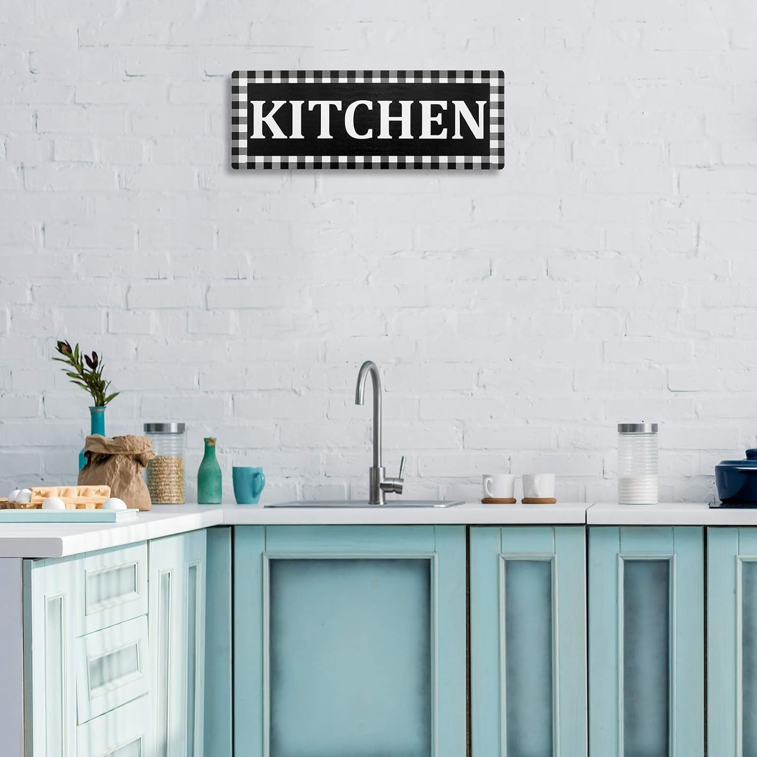 Kitchen Sign Buffalo Plaid Wooden Black and White Wall Decor 13.8″ x 5.1″ Rustic