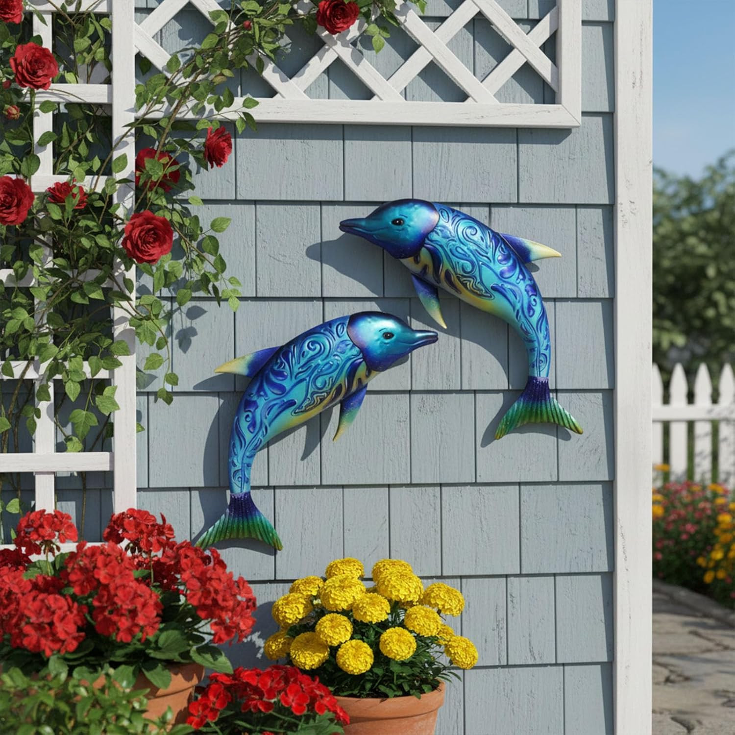 Ocean Dreams Metal Wall Art – (Dolphin) 2-Piece Handcrafted Iron Sea Creature Cu