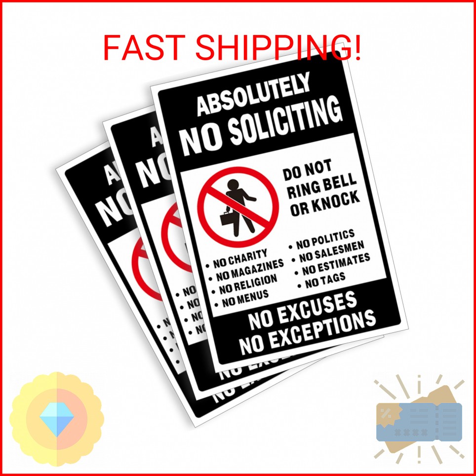 No Soliciting Sign for Front Door, 3 Pack 6×4 Inch Reflective Vinyl Stickers for