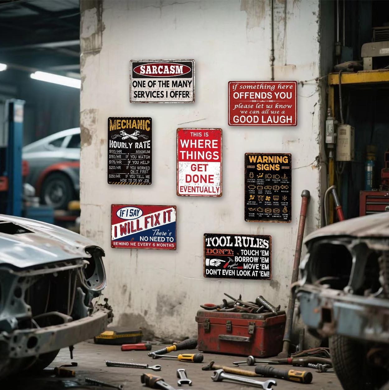 Mechanic Shop Wall Art Funny Vintage Metal Signs 7 Piece Gift Set Man Cave Rules