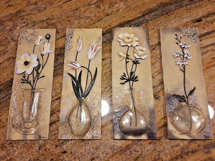 Rare (4) Boem Signed 3-D Resin Floral Wall Plaques W/ Clear Vases – 9.5″x3.25″