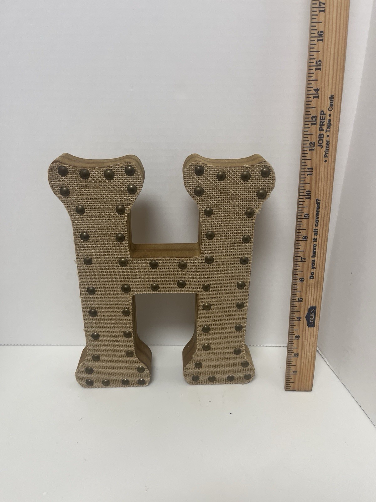 Wood burlap large letter H with brass studs 11 1/2″ x 7″ x 1 3/4″ Hobby Lobby