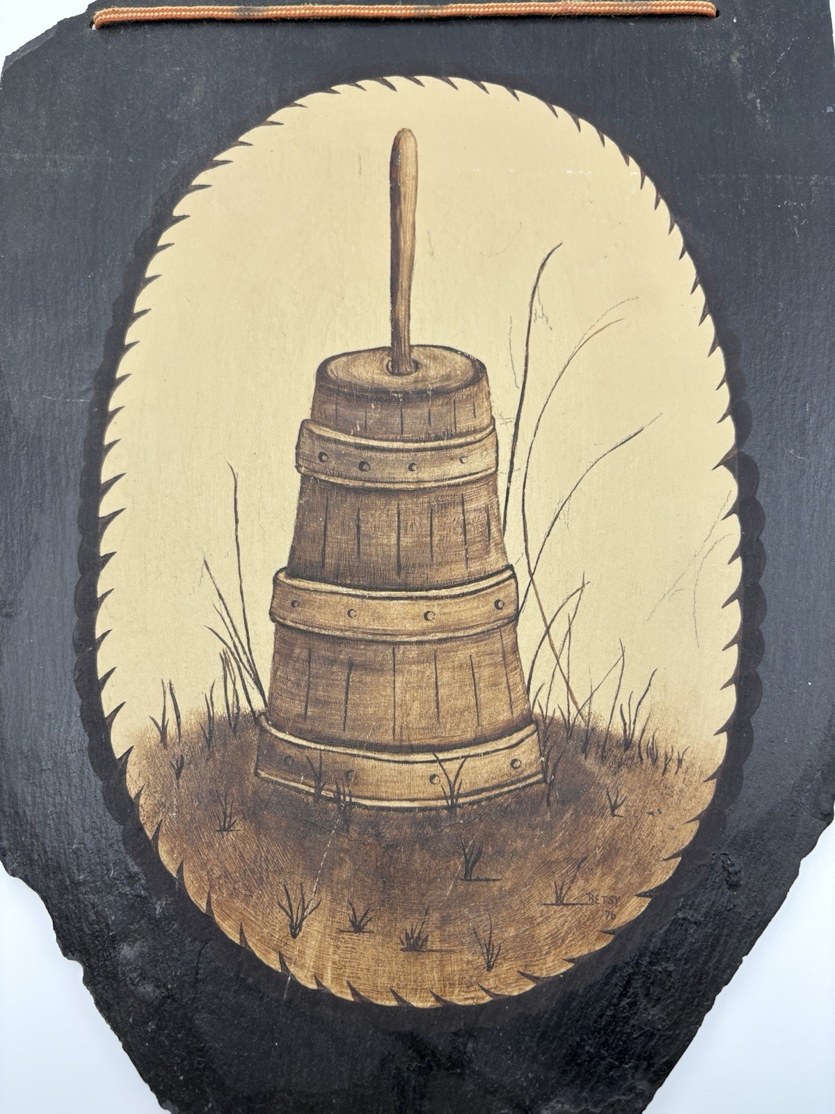 Black Slate Wall Hanging With Painted Butter Churn Black Beige Brown