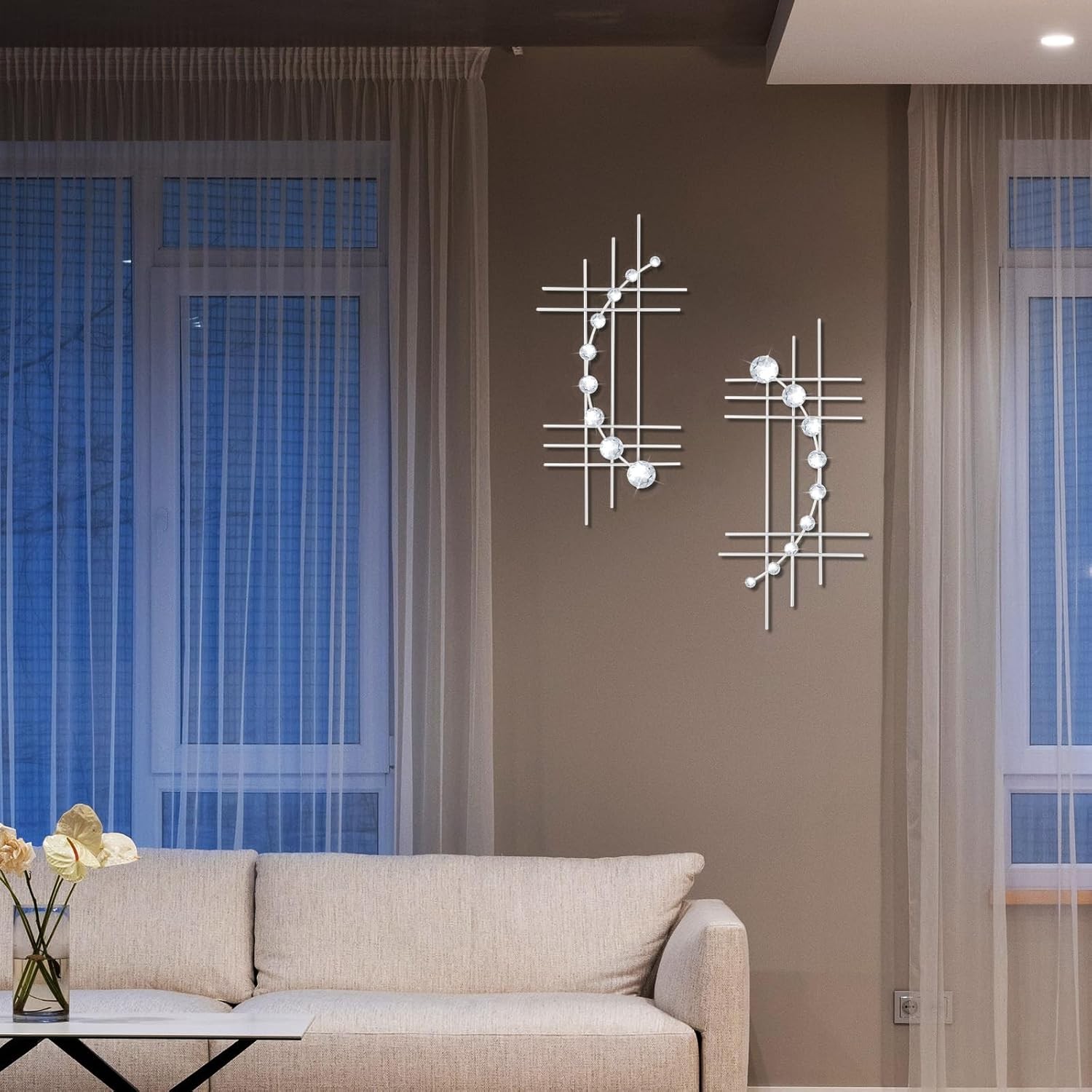 2Pack Silver Abstrac WallDecor Metal Crystal Wall Art with Sparkling Rhinestones