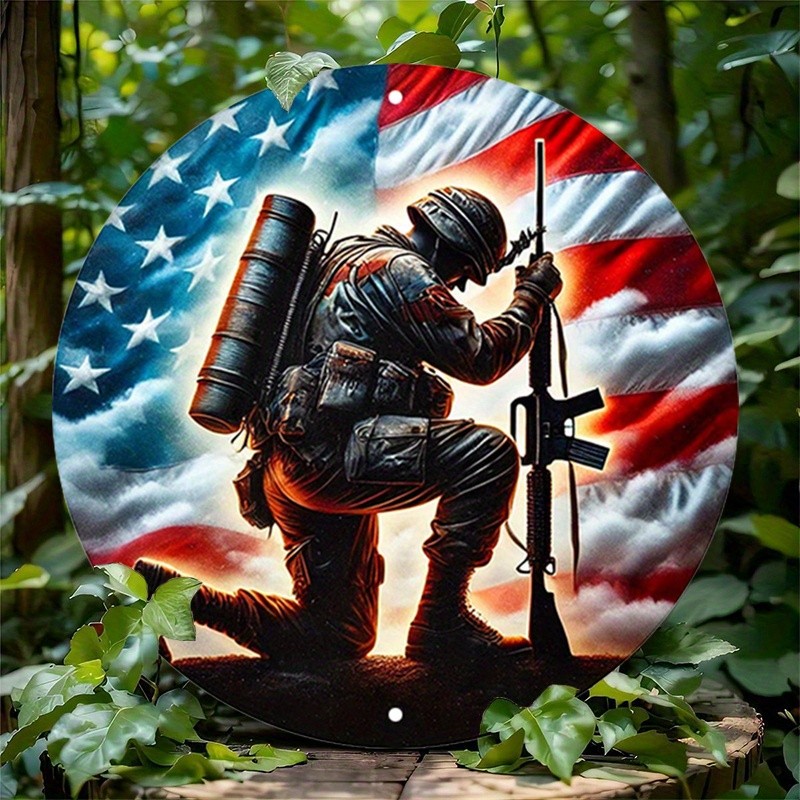 Vintage Metal Sign Aluminum Sign 8 Inch Round Kneeling American Soldier