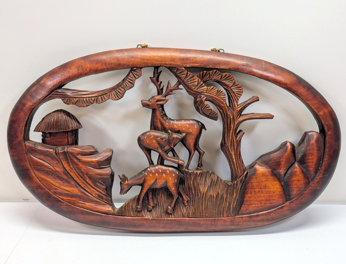Vintage Hand Carved Wood Deer Wall Hanging Plaque Forest Scene Oval 20″ Decor