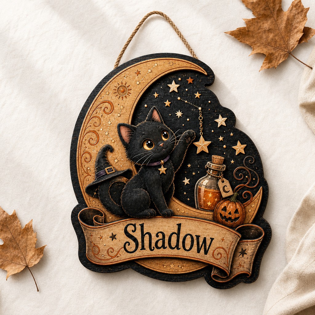 Custom Name Door Sign Black Cat Moon Wooden Halloween Decor