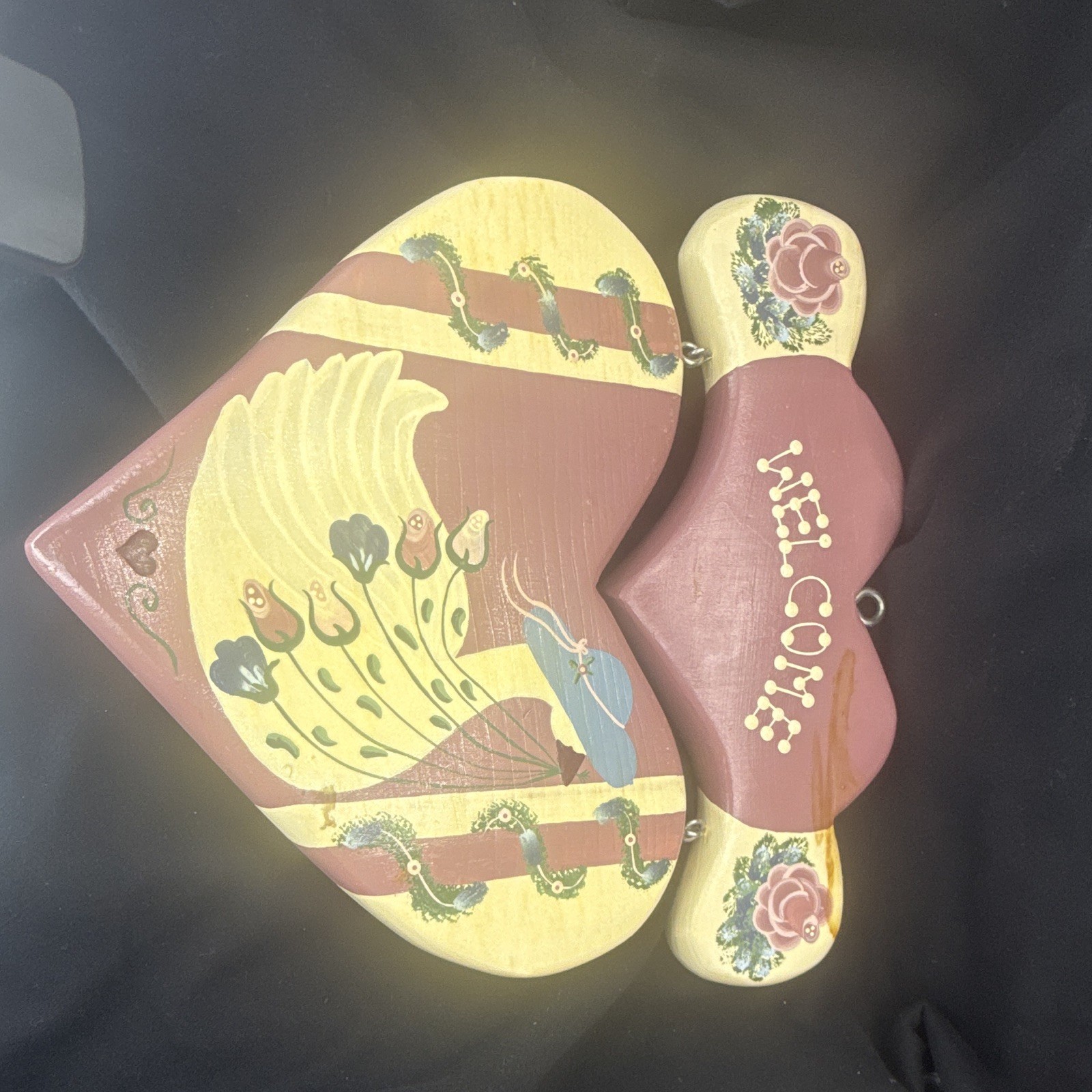 Hand Painted Wood Heart Welcome Plaque Hanging Wall Mount Floral Pink Beige