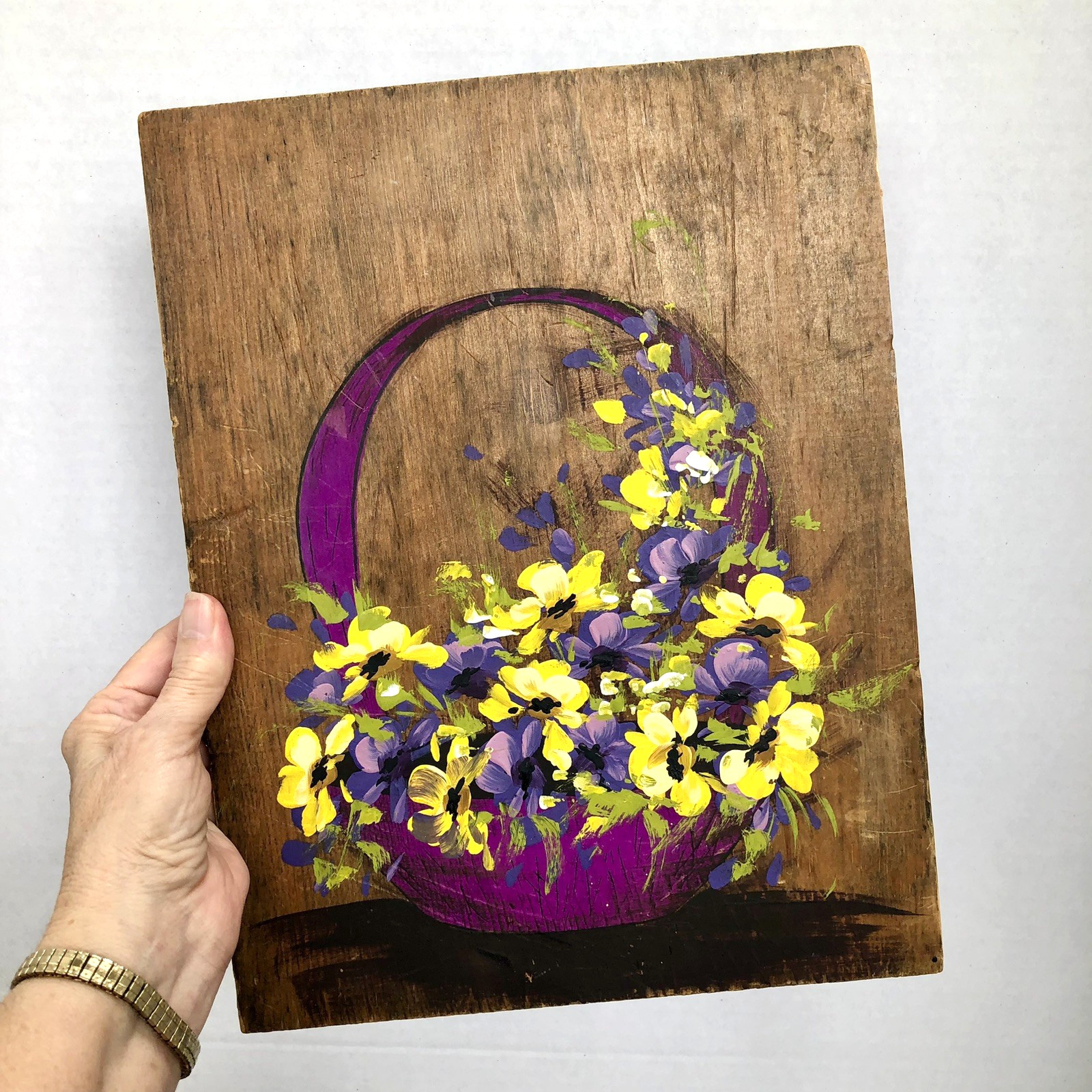 Hand Painted purple yellow Pansies Violets Reclaimed Wood Farmhouse Rustic Cabin