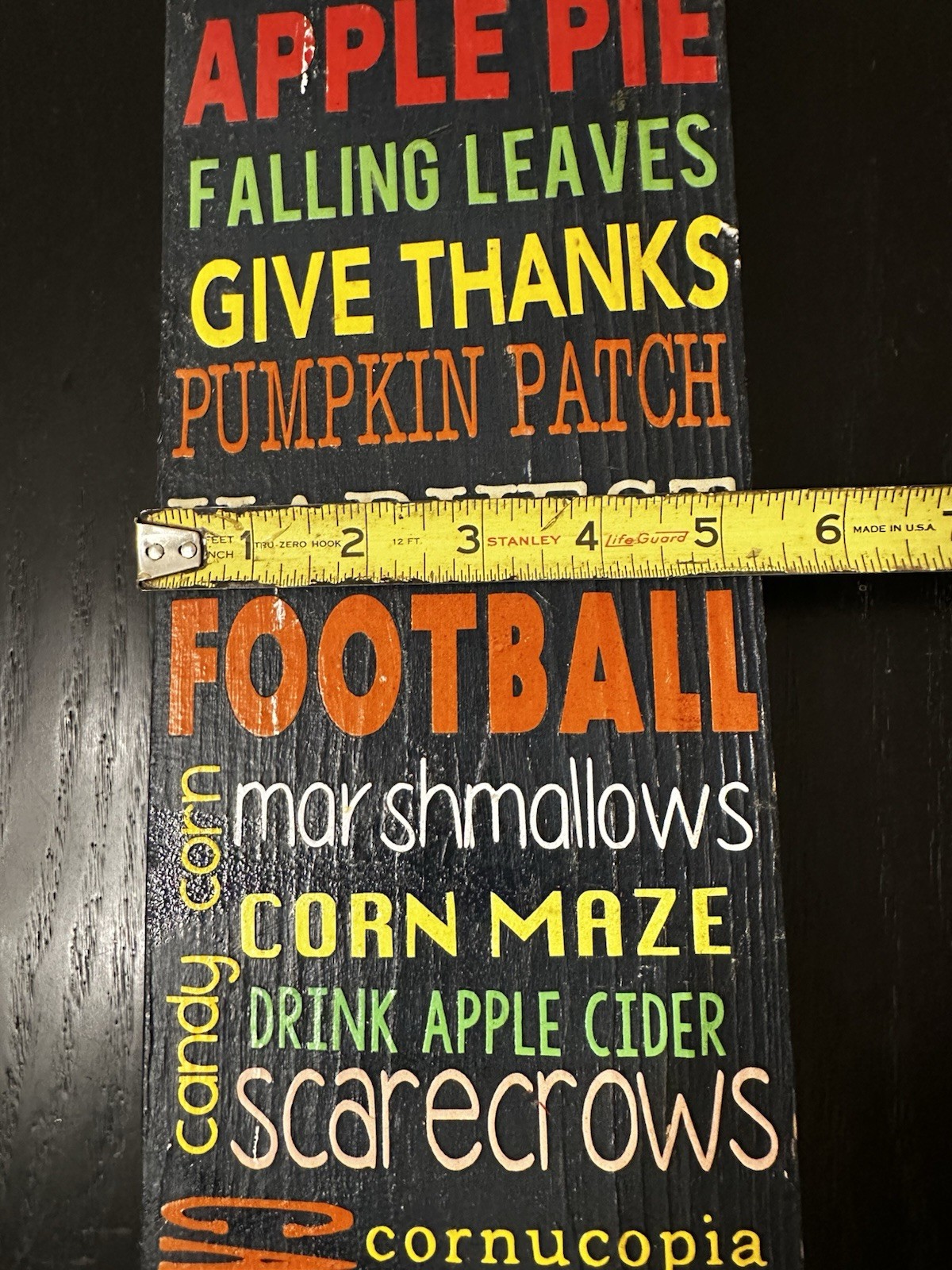 Wooden 25” porch leaner features a collage of fall activities & holidays