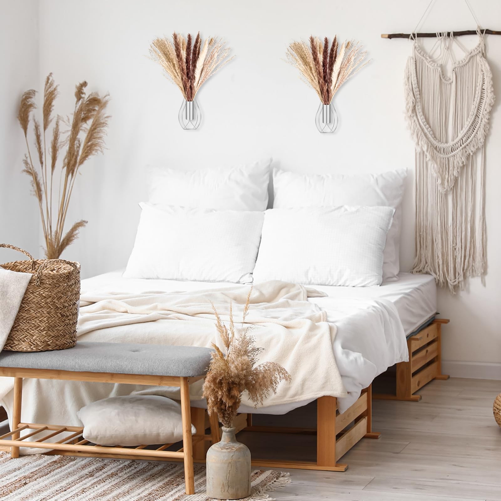 Boho Wall Decor Set of 2 – Metal Hanging Wall Art with Faux Pampas or Eucalyp…