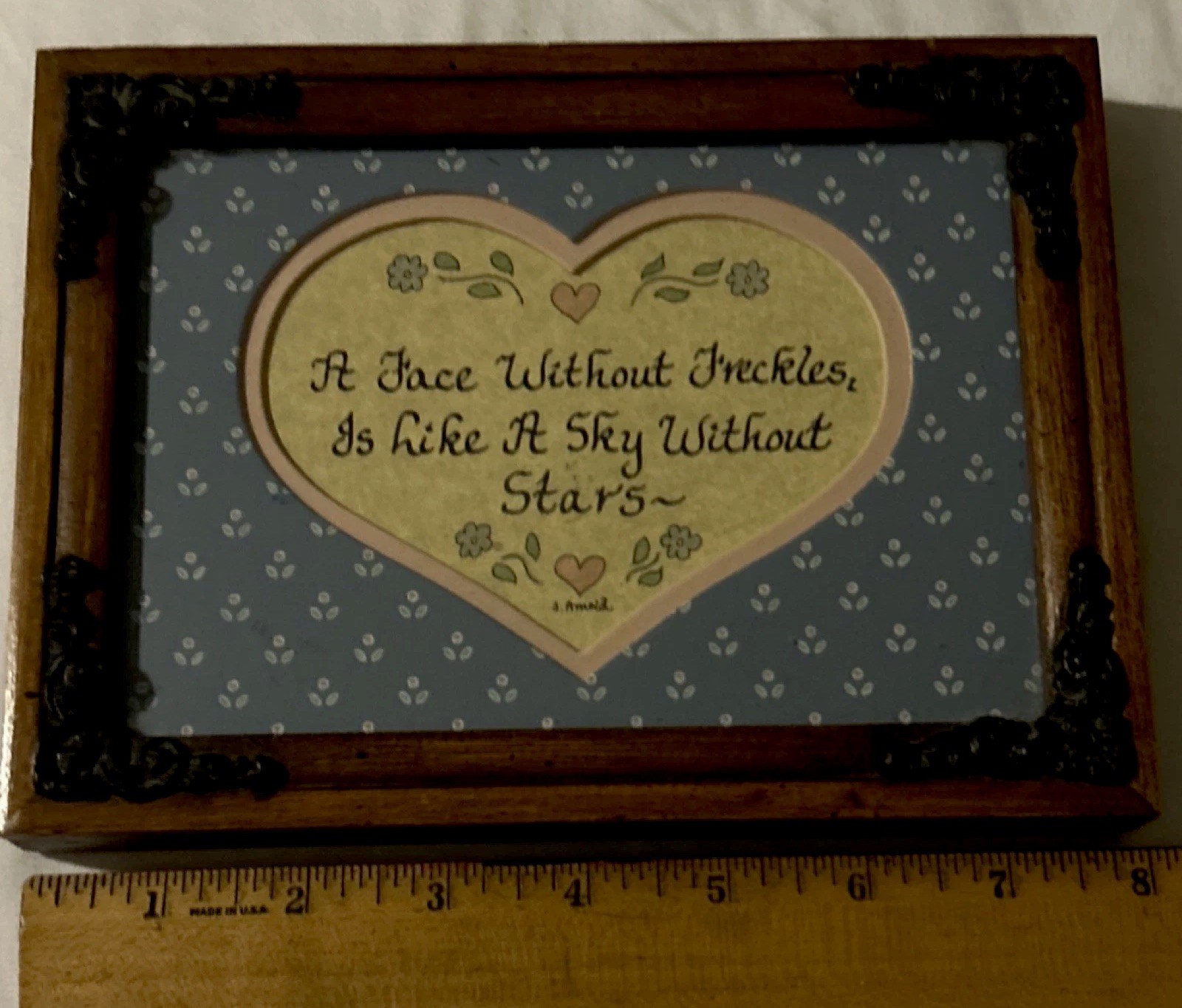 VTG Framed Heart Plaque, Blue Floral Country cottage freckles baby signed