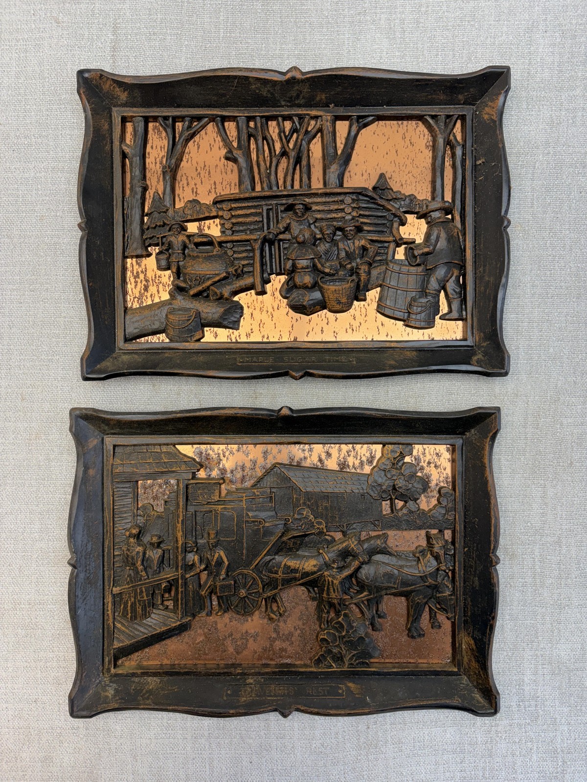 Vintage Coppercraft Guild Brown Wall Plaques 2 Maple Sugar Time Traveler’s Rest