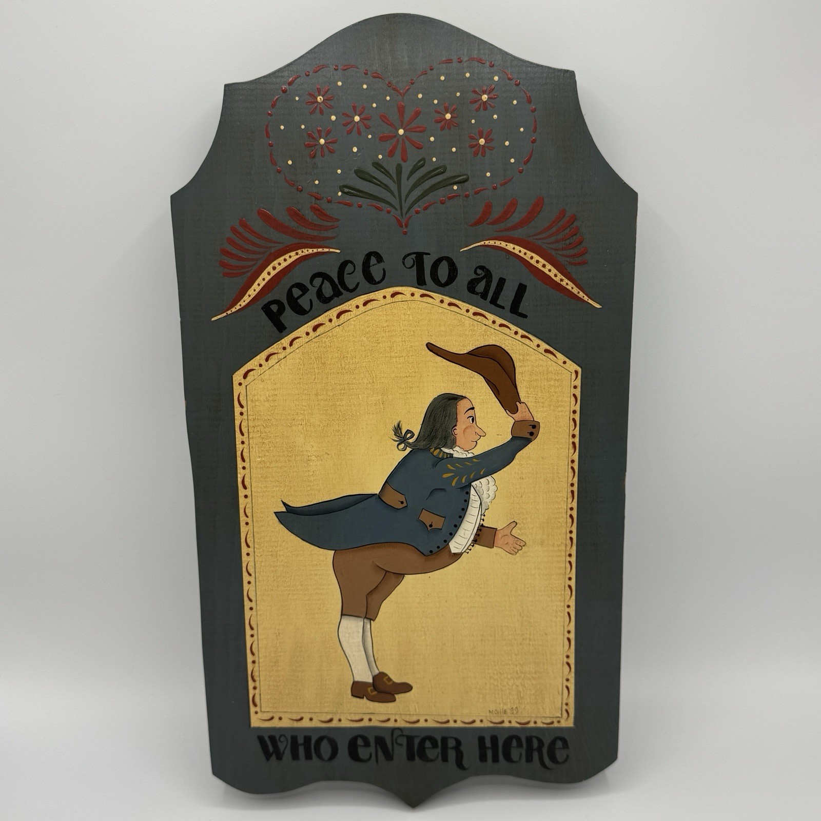 Primitive Folk Art Wood Sign Peace To All Who Enter Colonial Hand Painted