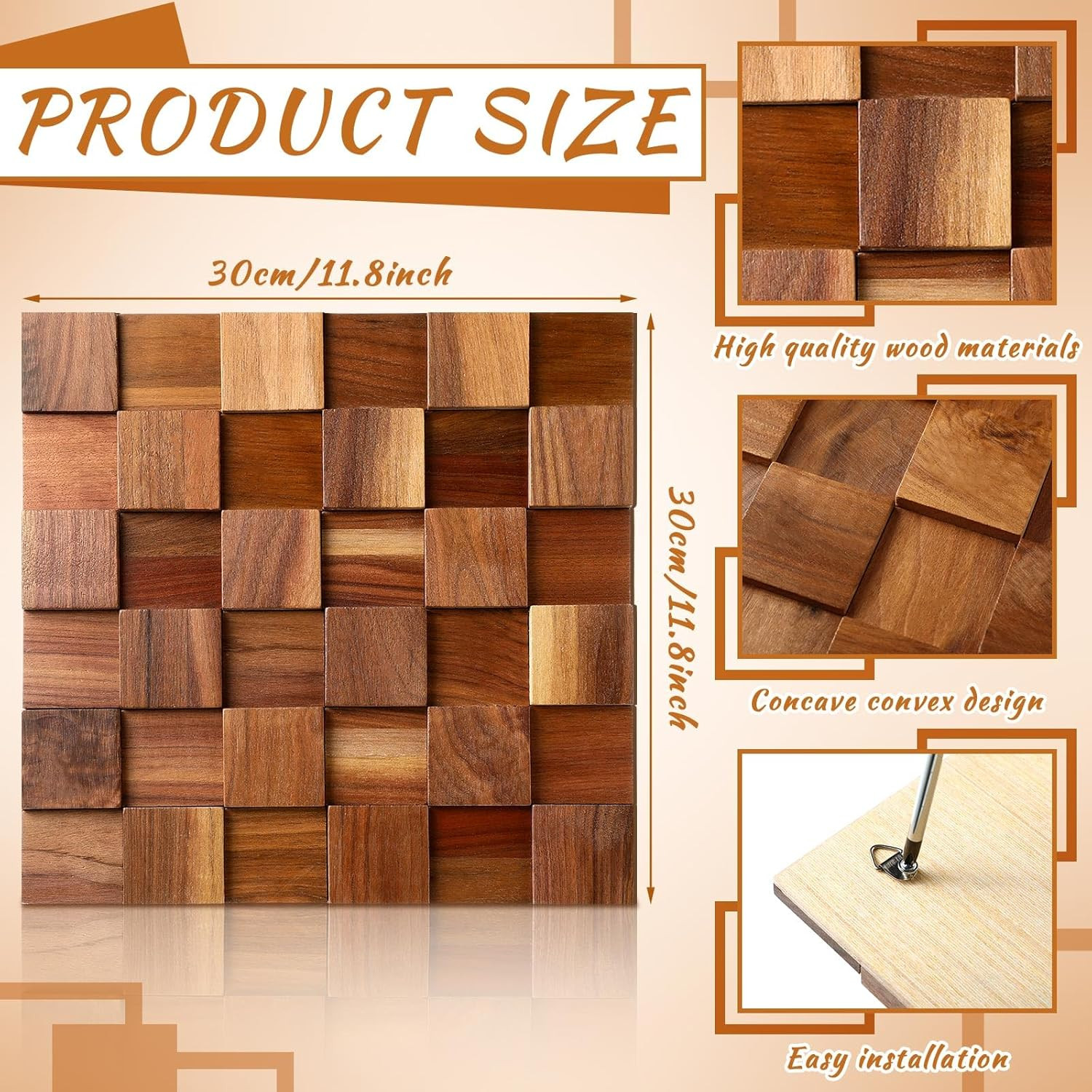 3 Pcs 3D Wood Wall Art 11.8” X 11.8” Rugged Mosaic Wood Wall Decor Rustic Bloc