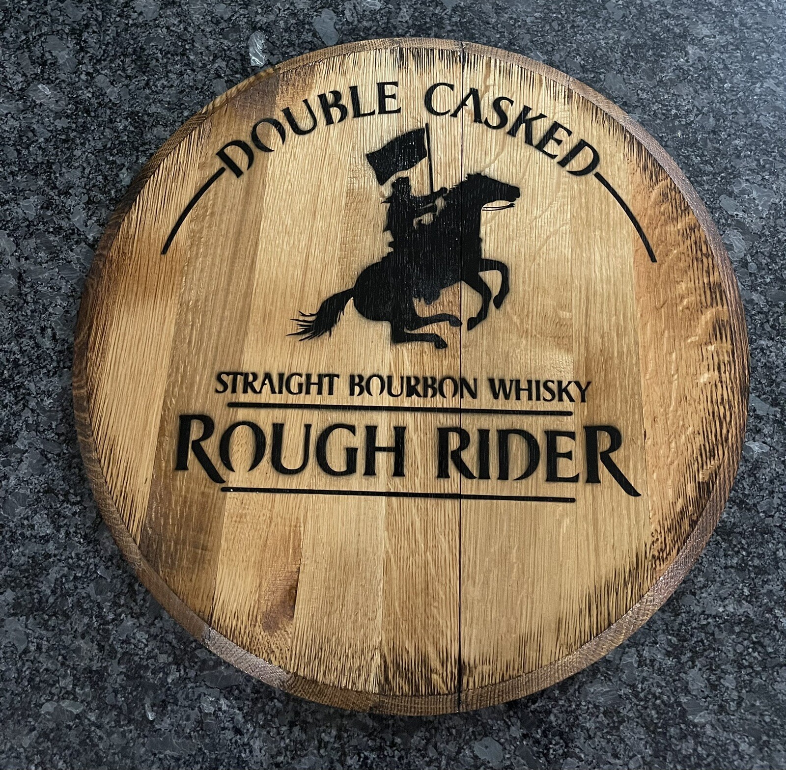 Bar Decor (Rough Rider Bourbon Whiskey ) Reclaimed Bourbon Barrel Head 21”
