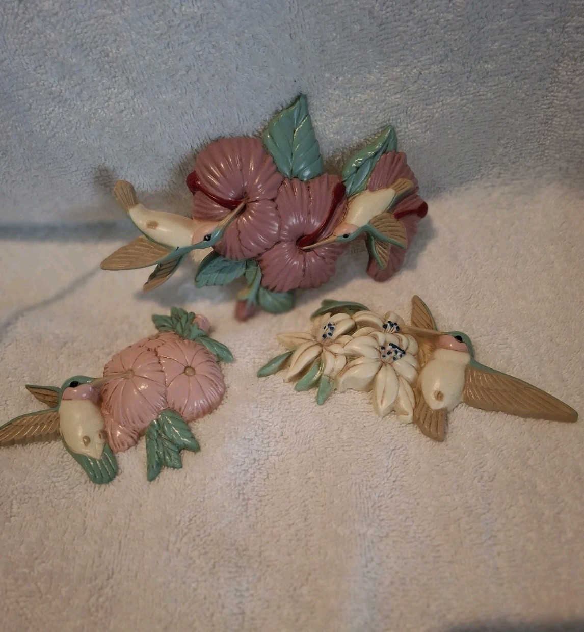 Vintage Burwood Hummingbird Wall Plaque Set Cottagecore Pastel Decor 3