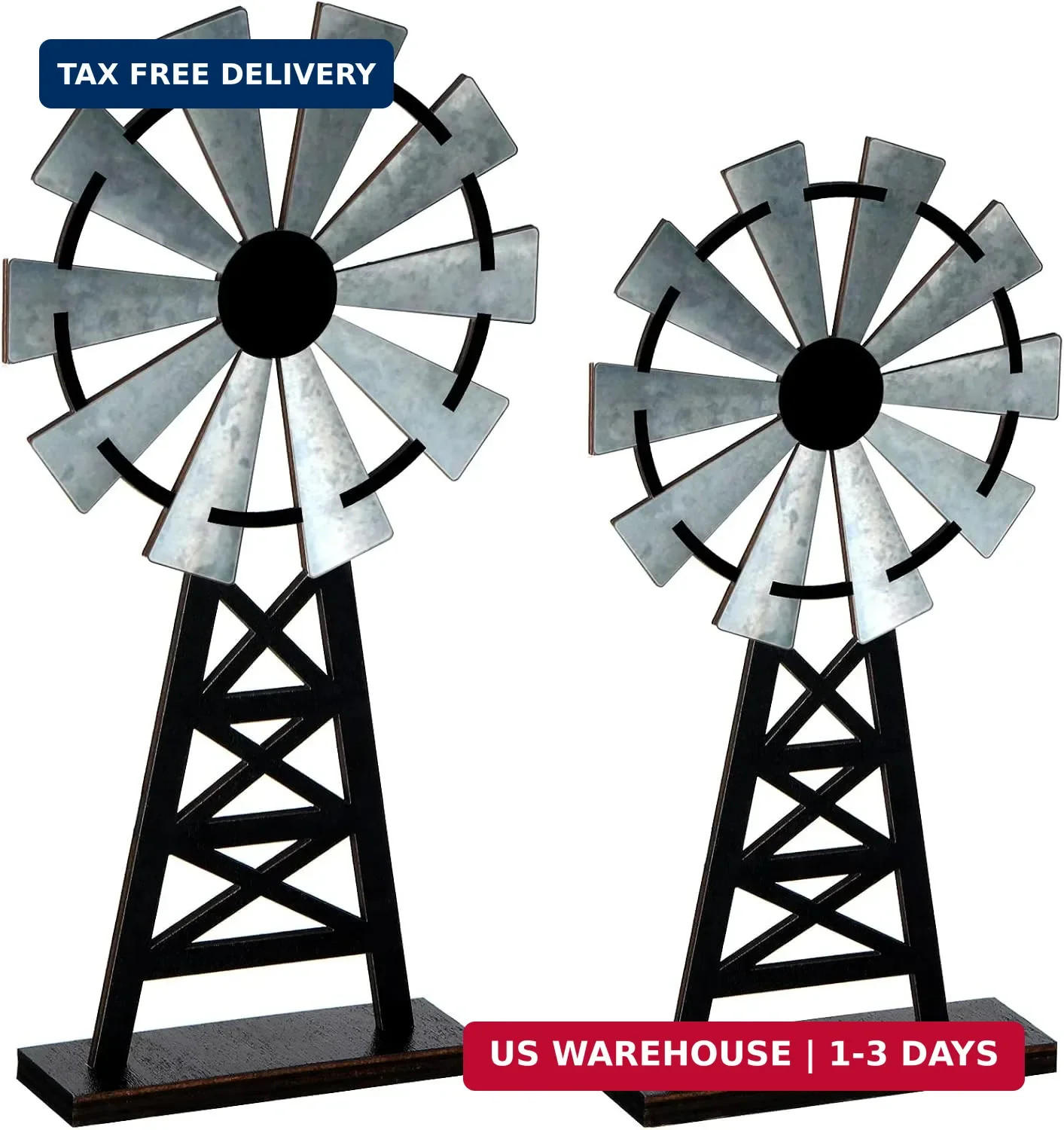 Set of 2 Wood Farmhouse Windmill Decor, Black Grey Rustic Table Top Decor | Dist