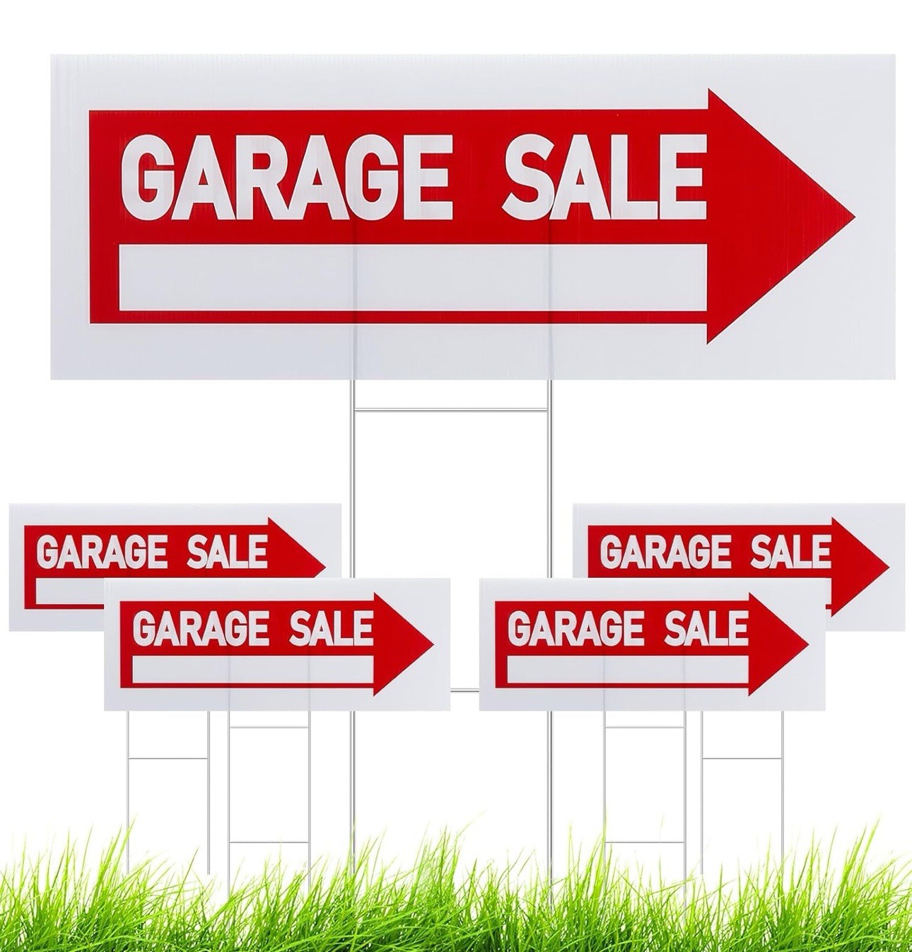 5 Pcs Garage Sale Sign w Metal Stakes 9.25″ x 24″ Double Sided Arrow Signs New
