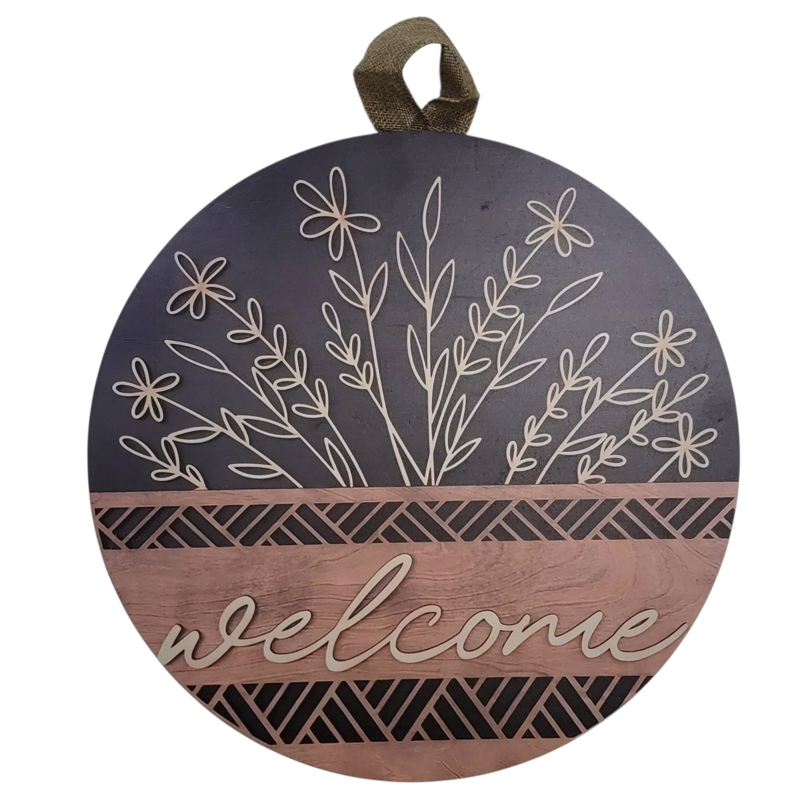 Floral Welcome Sign Wall Decor Navy Blue Brown Farmhouse Country Rustic Fall