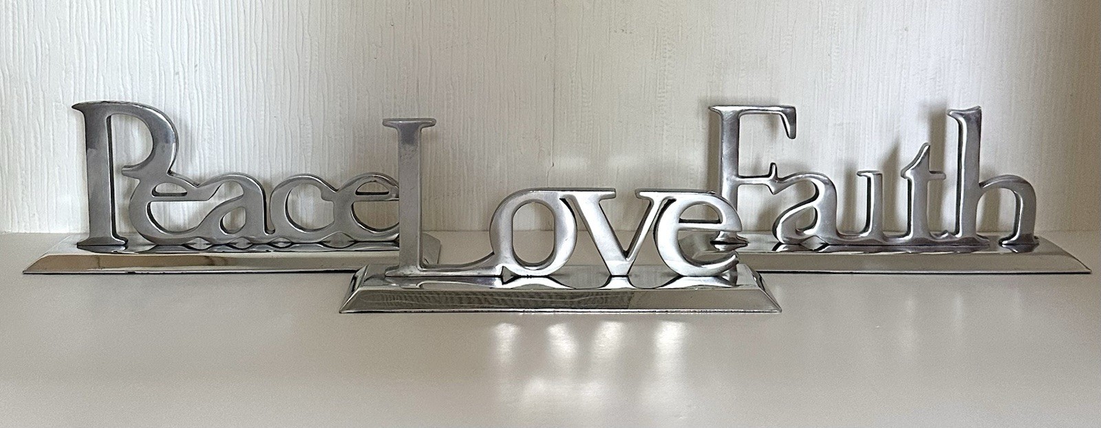 Silver Tone Metal 3D Freestanding Letters Love Peace Faith 3Piece Word Decor Set