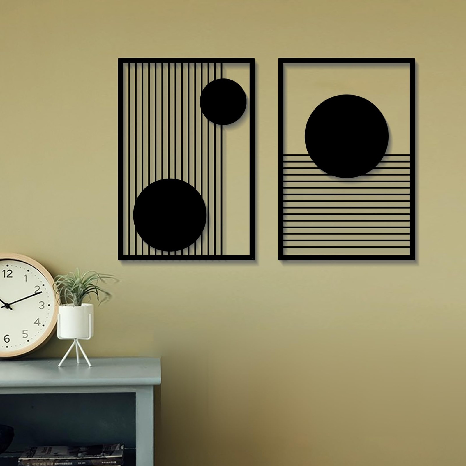 Large 2 Pcs Abstract Metal Wall Art, Black Geometric Decor for Home Office