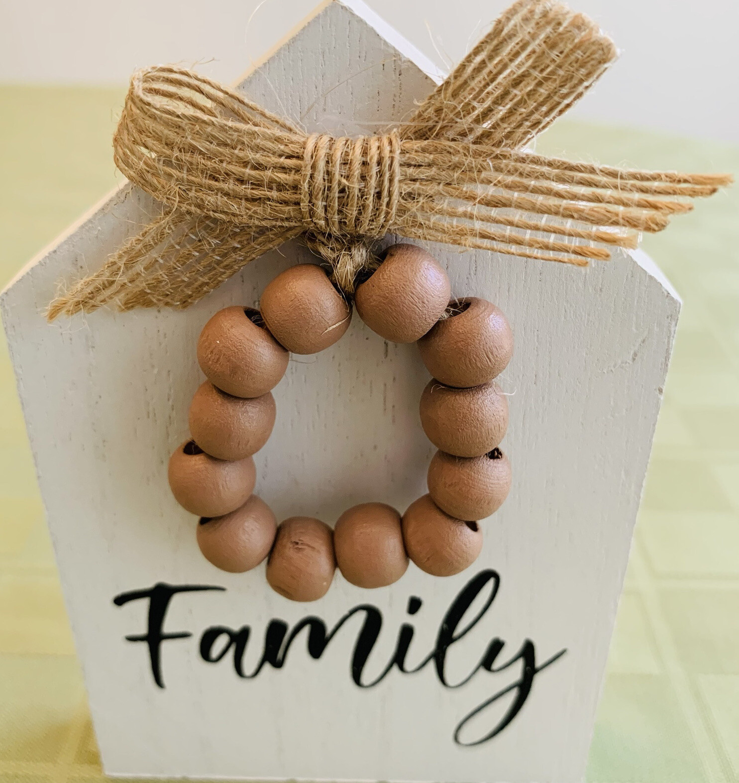 Family Bead Wreath House Shape Wood Block Sign Decor Home Tier Tray NEW NWT