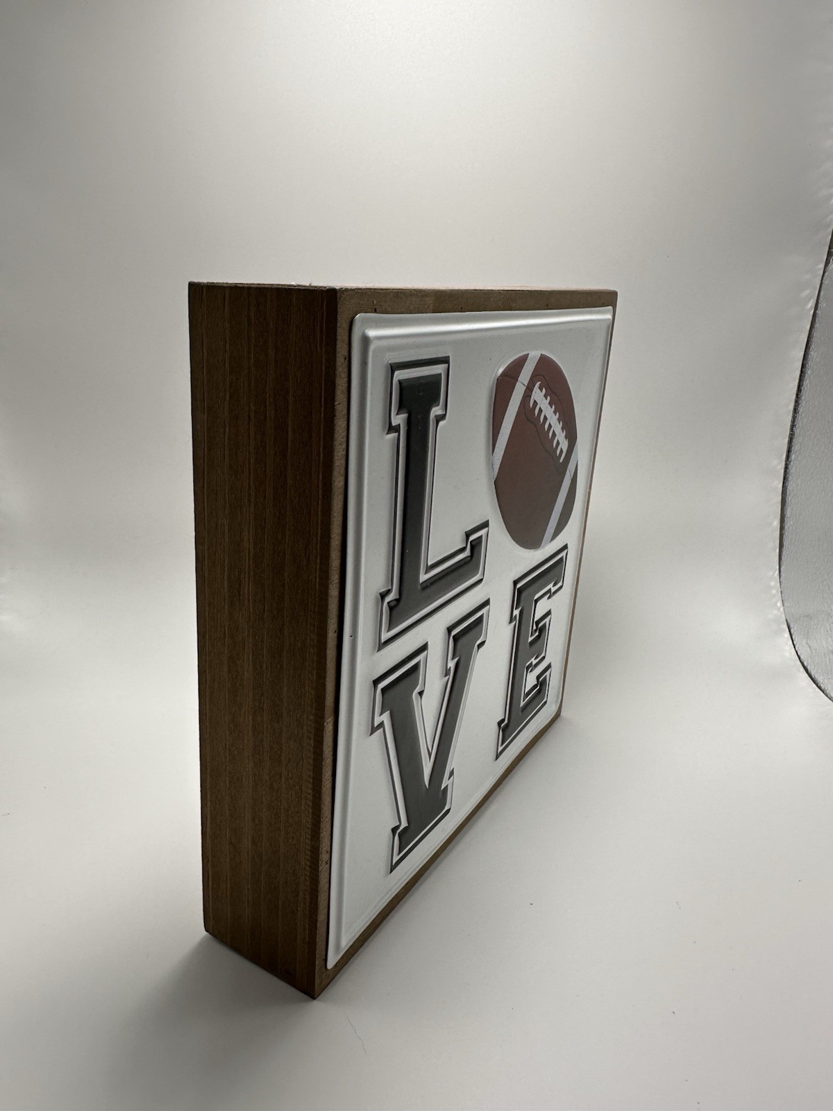 Football Love Sign Metal Wood 7.15” Length X 7.15” Width 1.8” Depth