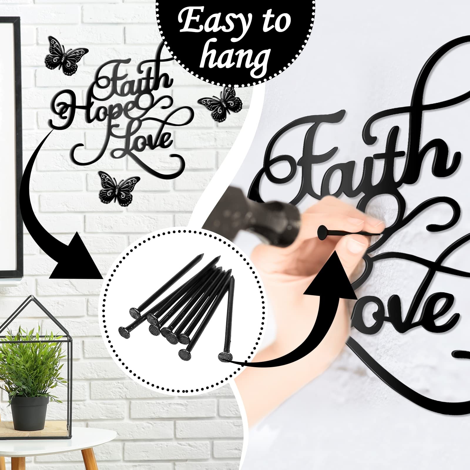 4 Pieces Faith Hope Love Metal Wall Decor Inspirational Black Letter Sign Wal…