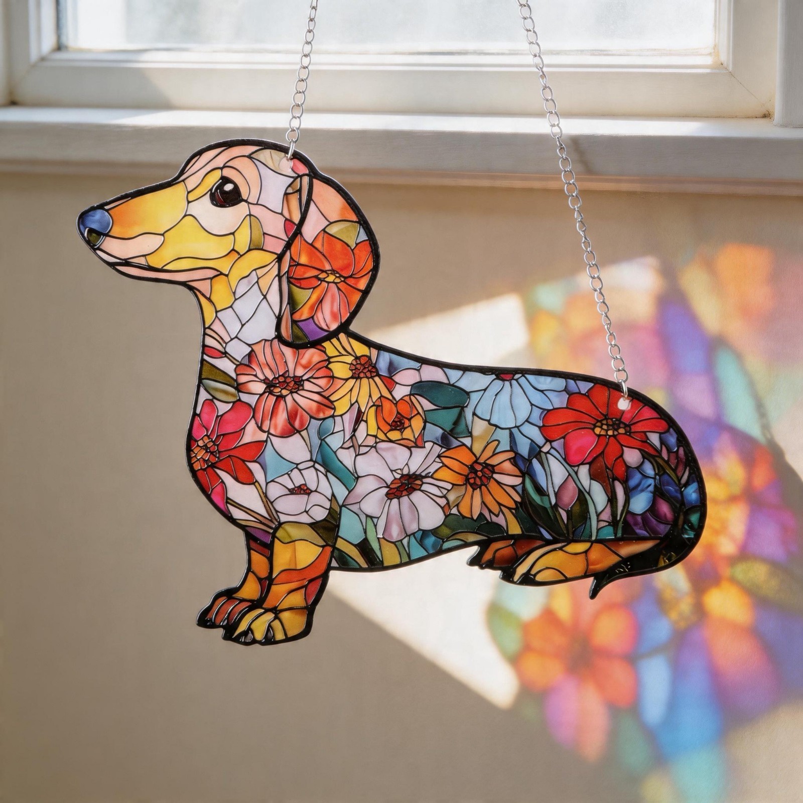 Stained Glass Dachshund Suncatcher – Floral Dog Window Hanging & Gift