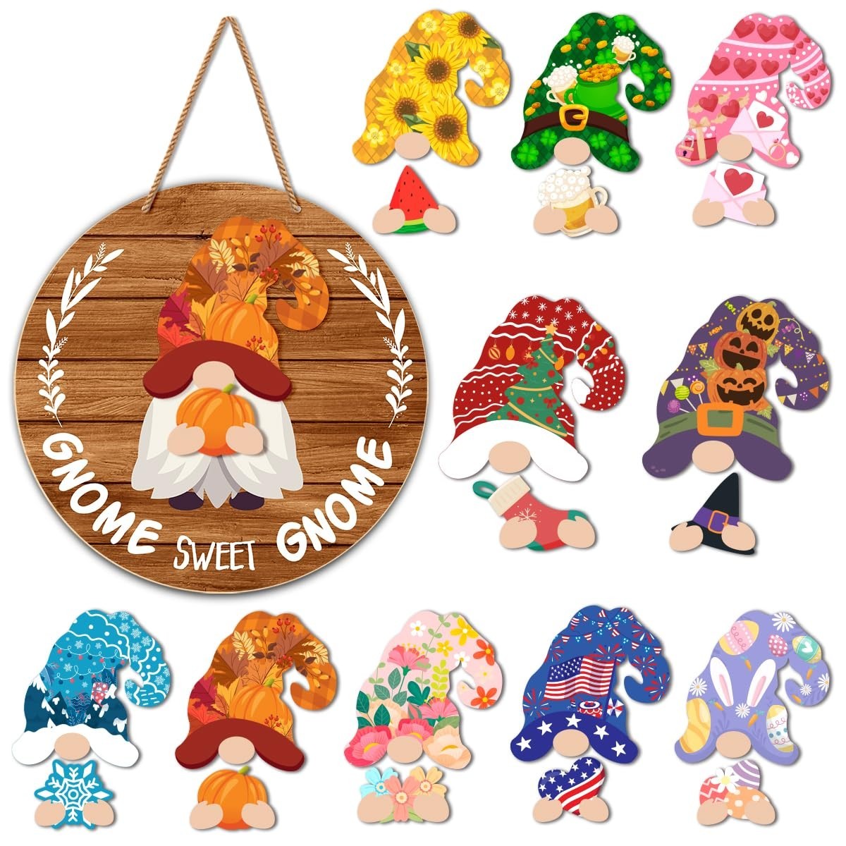 Interchangeable Gnome Welcome Sign – Seasonal Door Decoration for All Holidays,