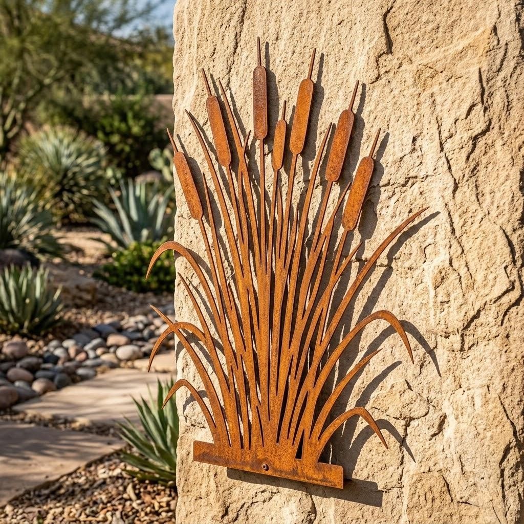 Cattail Metal Wall Art, Rustic Reeds Outdoor Wall Decor, Pond Grass Metal Sign