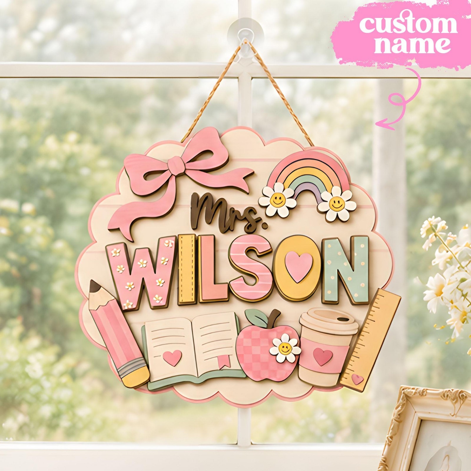 Personalized Wooden Teacher Name Sign:Pastel Classroom Decor, Back To School Art