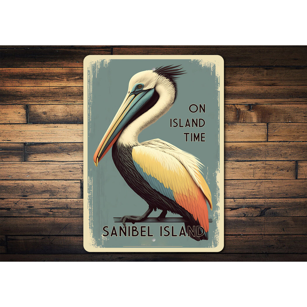 Pelican On Island Time Metal Sign