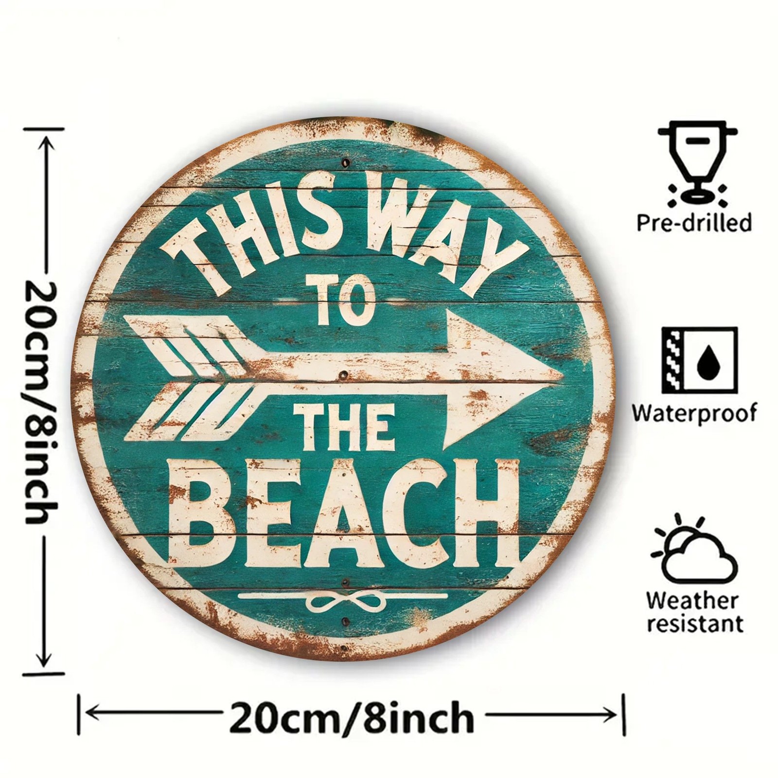 This Way To The Beach Round Metal Sign Vintage Nautical Home Wall Art Decoration