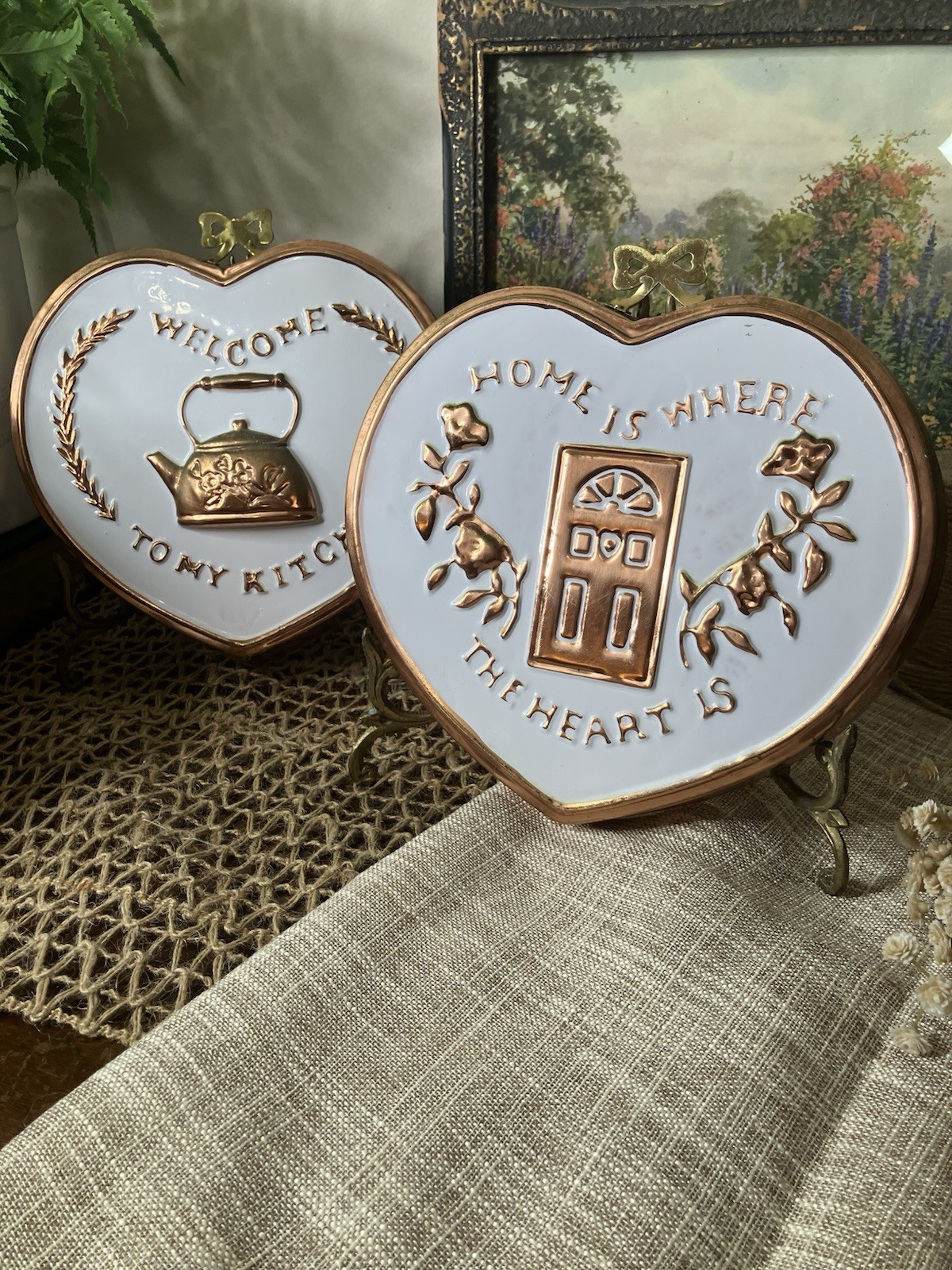 Vintage Heart Wall Hangings Plaques – Copper & White – Cottage Kitchen Decor