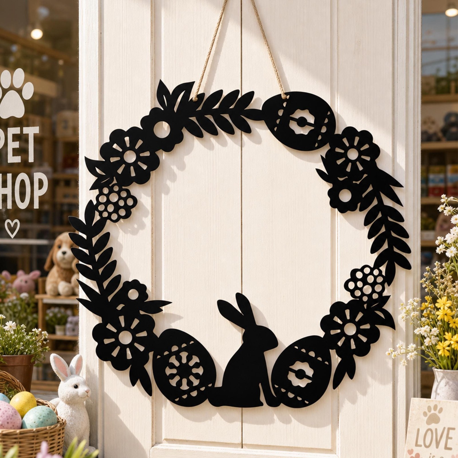 Easter Bunny Metal Wreath Door Hanger, Floral Egg Front Door Sign, Easter Gift