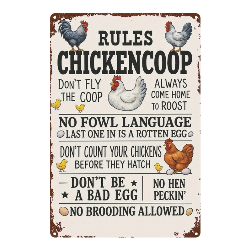 Metal Chicken Coop Rules Sign 8x12in Square Tin Decor