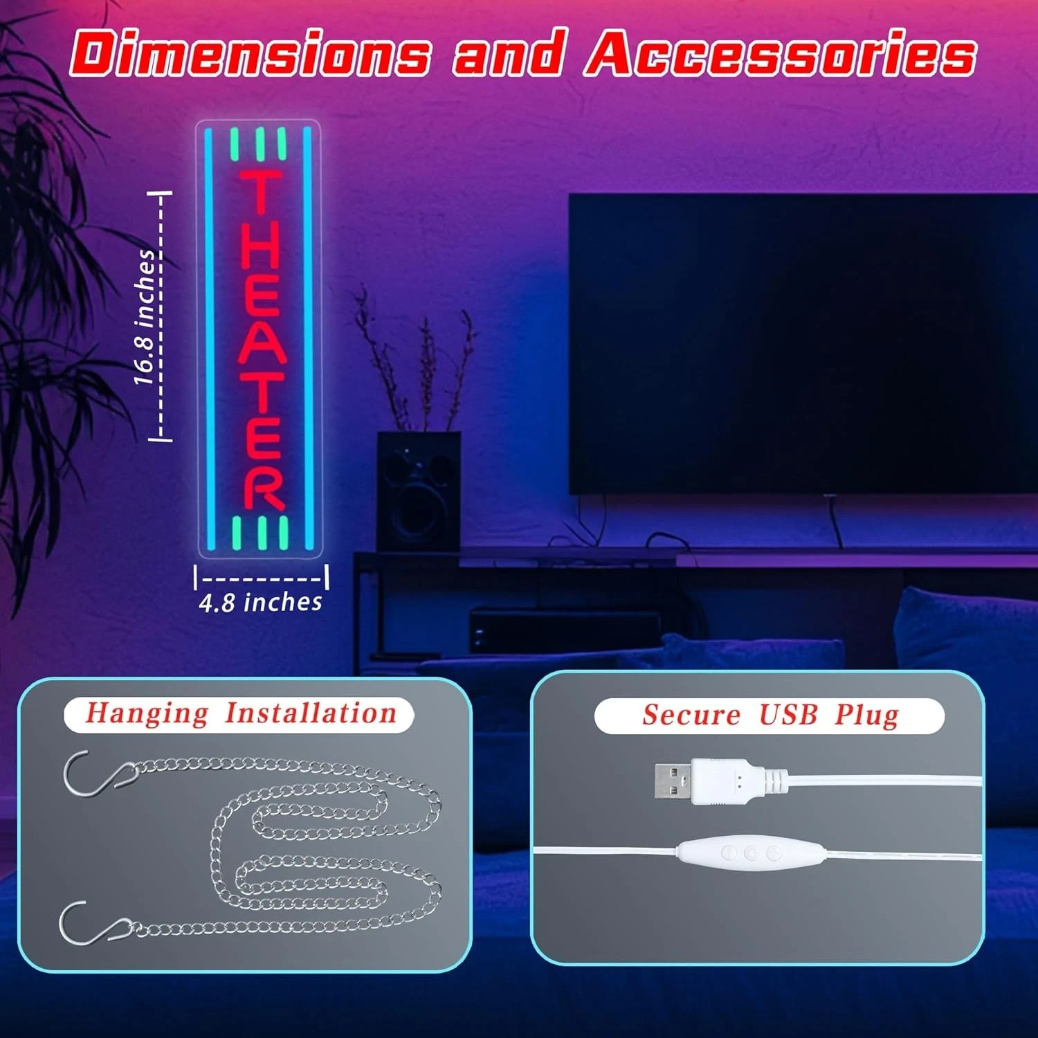 Theater Neon Sign Dimmable LED Movie Night Signs for Wall Decor Home Theater Acc