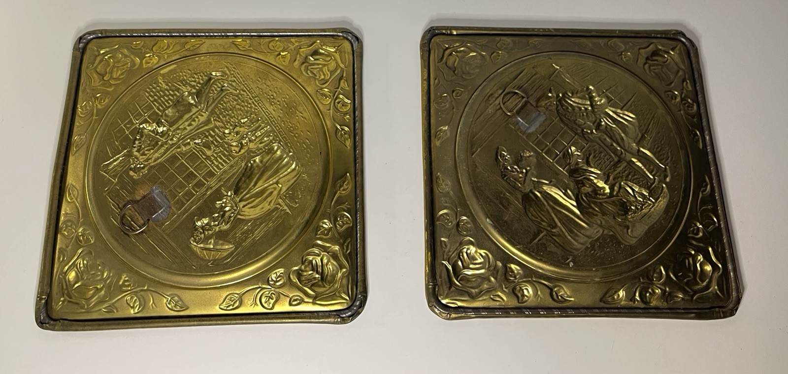 Victorian Embossed Brass Wall Hanging Art Plaques Pair Polished Gold