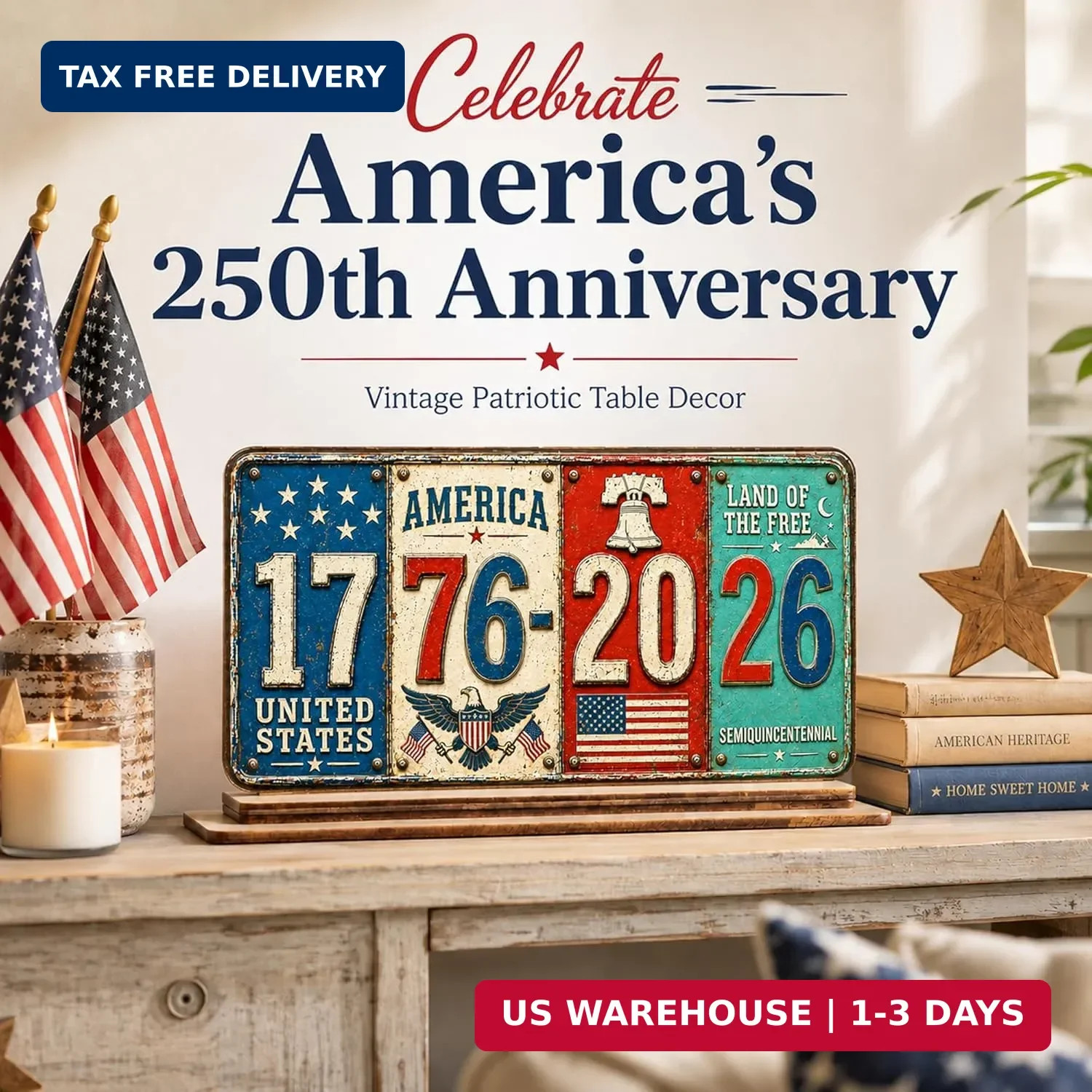 Retro 250 Year American Anniversary Decor Wooden Plaque 1776-2026, 250 Years of