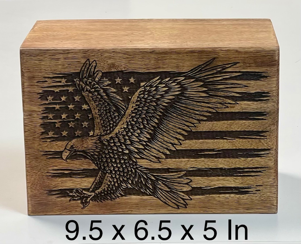 Handmade Walnut Wood Cremation Urn Patriotic Eagle and American Flag – 9.5×6.5×5