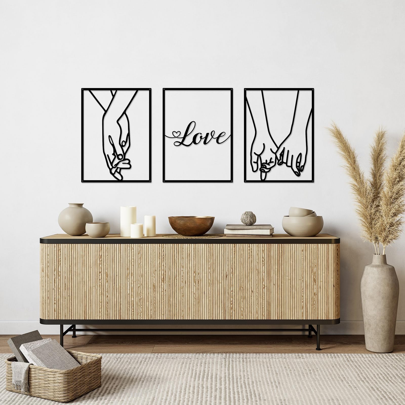 3 PCS Love Hands Minimalist Black Metal Wall Art Abstract Heart Couple Decor
